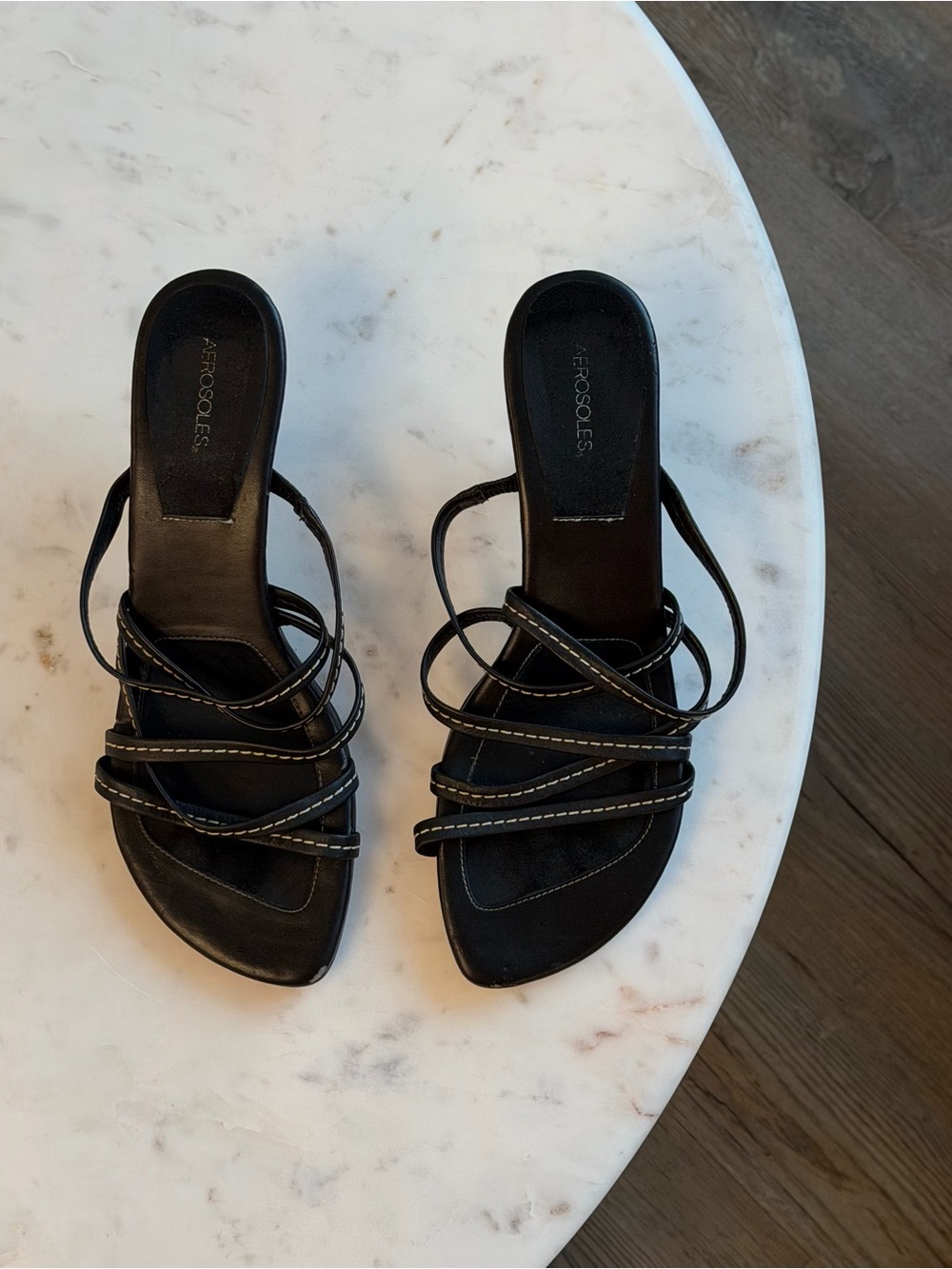 AEROSOLES Black Multi-Strap Slide Heels